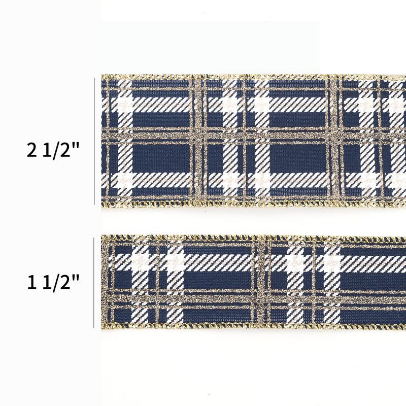 1 1/2" Printed Wired Ribbon | Plaid Blue/White/Gold | 10 Yard Roll