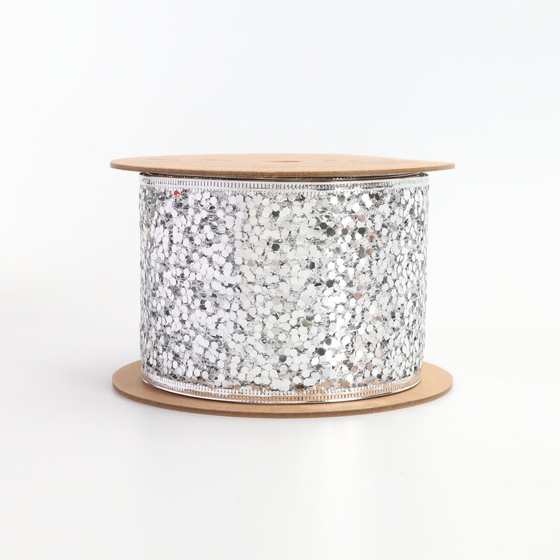 3" Sequin Wired Ribbon | Silver | 10 Yard Roll