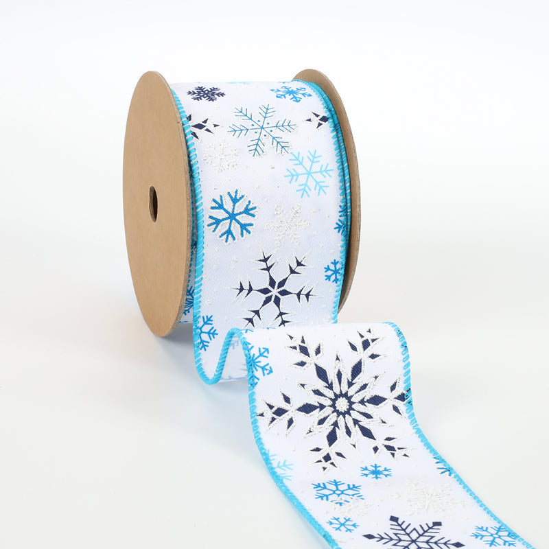 2 1/2" Wired Ribbon | "Glitter Snowflake" White/Blue | 10 Yard Roll