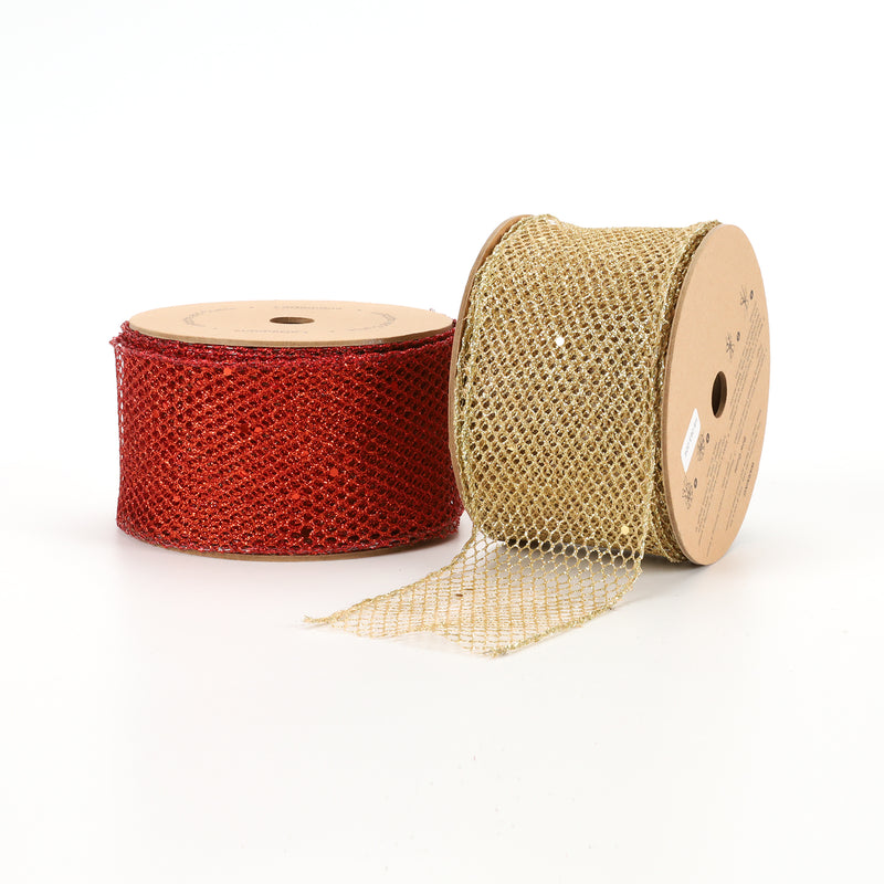 2 1/2" Wired Ribbon | "Glitter Net" Gold | 10 Yard Roll