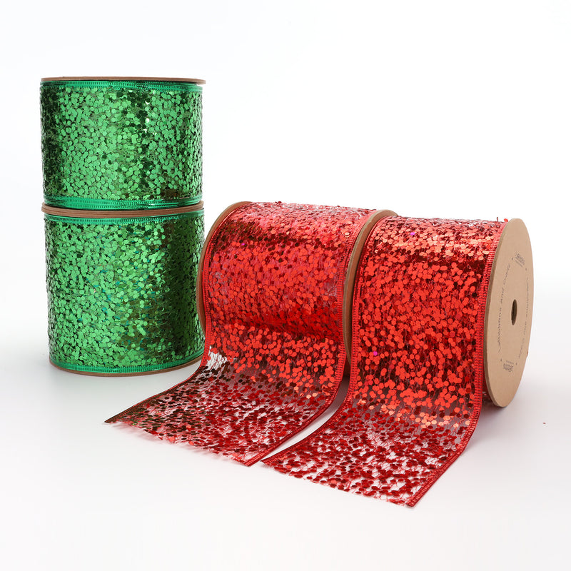 3" Sequin Wired Ribbon | Green | 10 Yard Roll