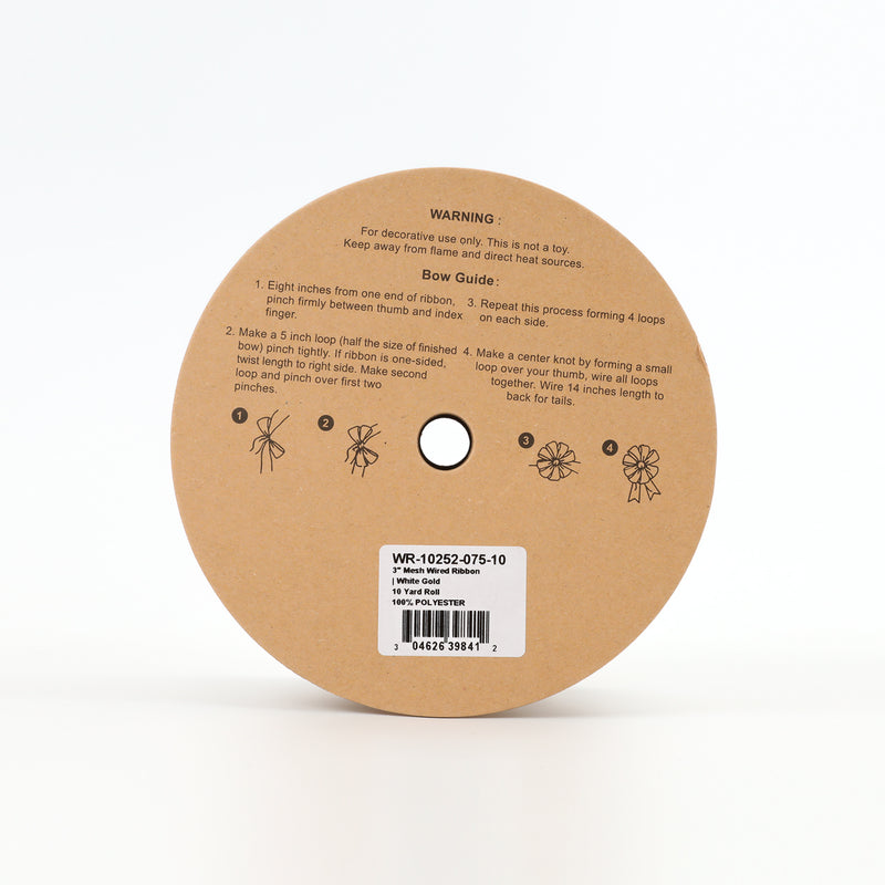 3" Mesh Wired Ribbon | White Gold | 10 Yard Roll
