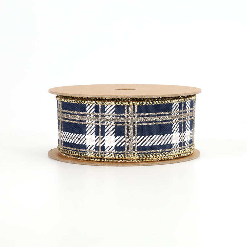 1 1/2" Printed Wired Ribbon | Plaid Blue/White/Gold | 10 Yard Roll