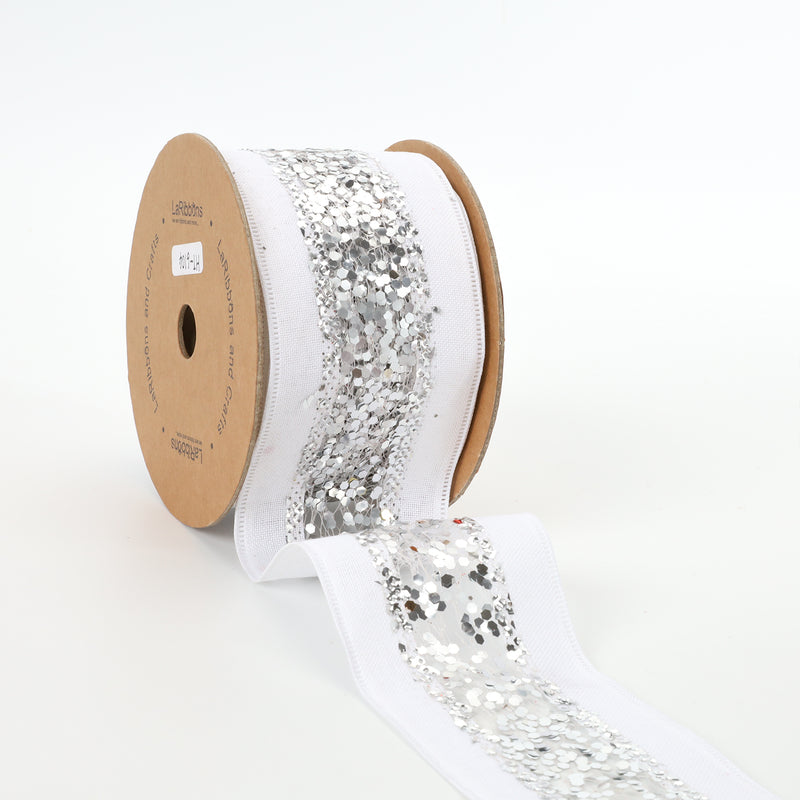 2 1/2" Wired Ribbon | "Metallic Striped" White/Silver | 10 Yard Roll