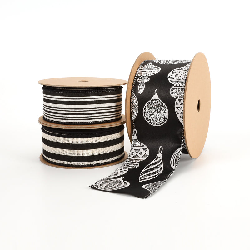 2 1/2" Wired Ribbon | "Glitter Ornament" Black/Silver | 10 Yard Roll