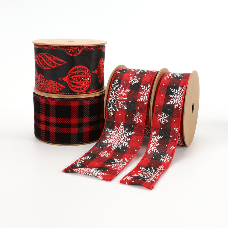 2 1/2" Wired Ribbon | "Glitter Ornament" Black/Red | 10 Yard Roll