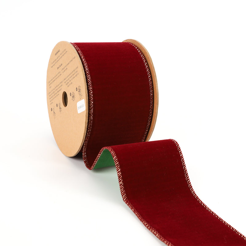 2 1/2" Reversible Flat Velvet/Lurex Wired Ribbon | Cranberry/Green | 10 Yard Roll