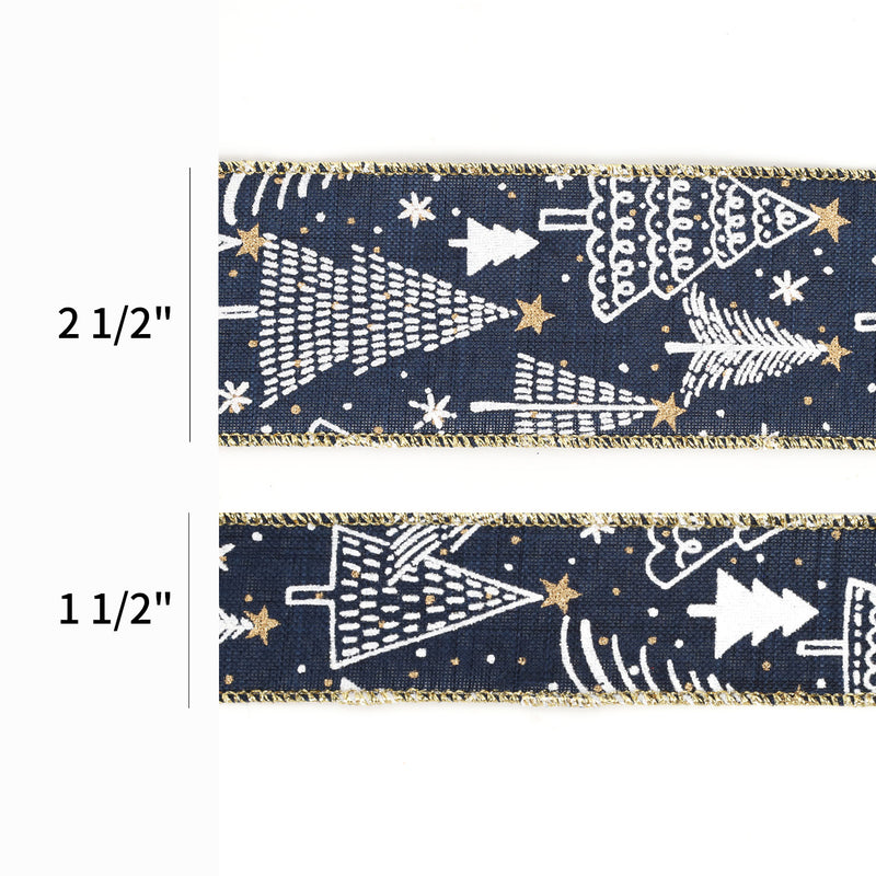 2 1/2" Printed Wired Ribbon | Abstract Trees Blue/White/Gold | 10 Yard Roll