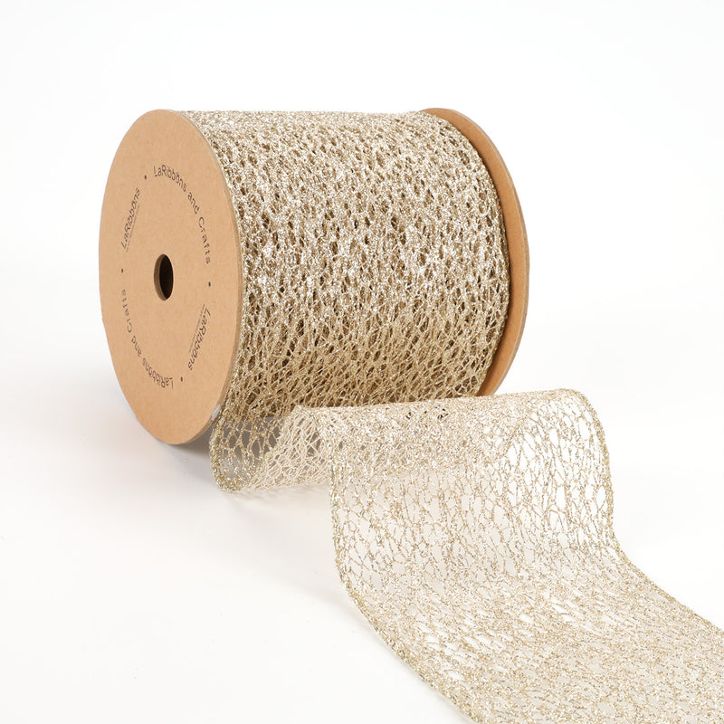 4" Mesh Wired Ribbon | White Gold | 10 Yard Roll
