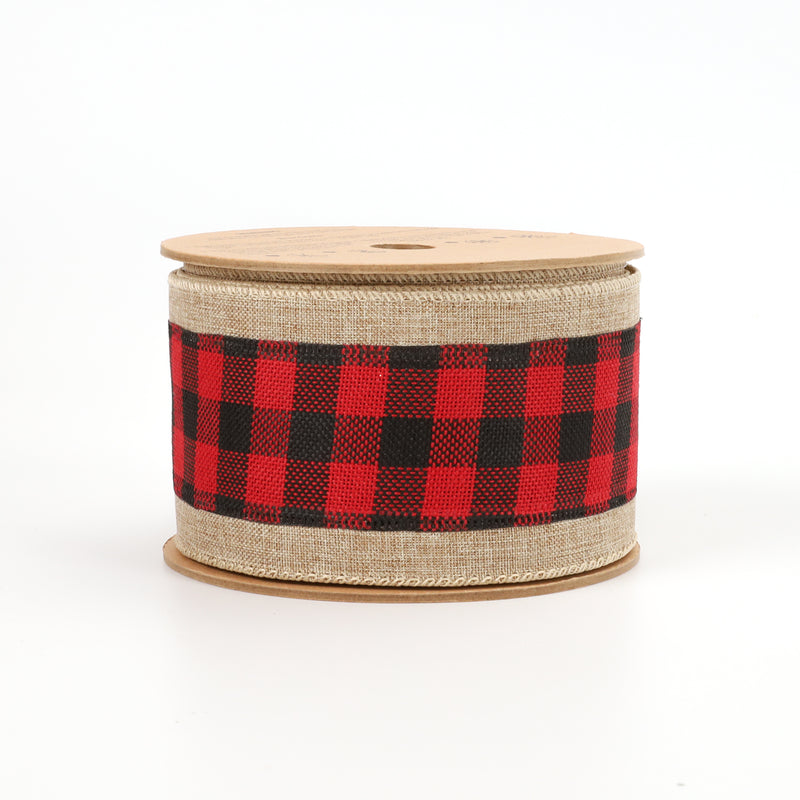 2 1/2" Burlap Holiday Wired Ribbon | "Plaid" Natural/Black/Red | 10 Yard Roll