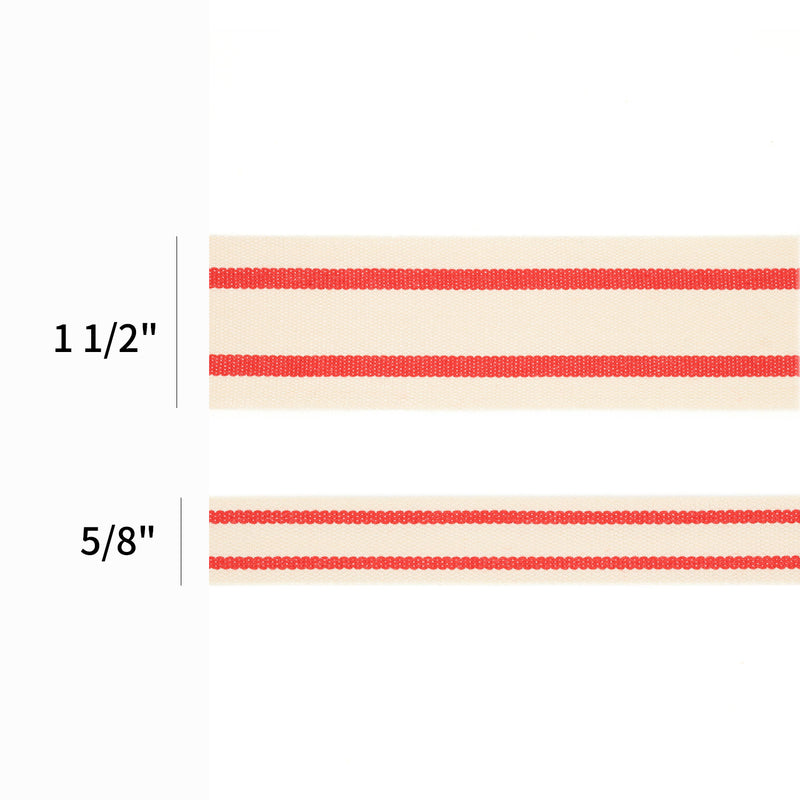 1 1/2" Cotton Ribbon | "Striped" White/Red | 20 Yard Roll