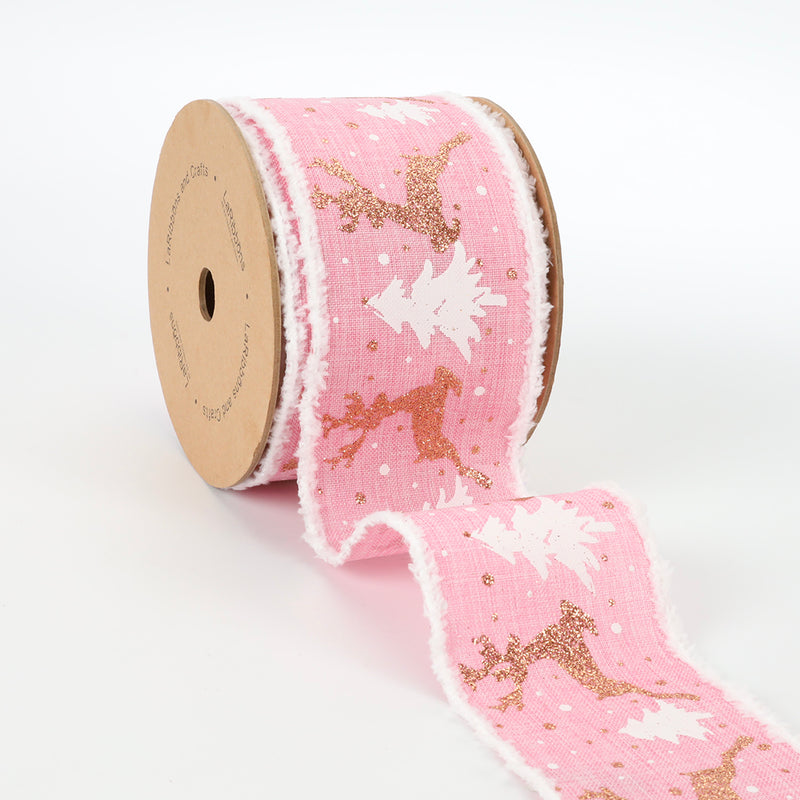 2 1/2" Holiday Wired Ribbon | "Reindeer/Tree" Pink/Natural | 10 Yard Roll