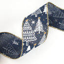 2 1/2" Printed Wired Ribbon | Abstract Trees Blue/White/Gold | 10 Yard Roll