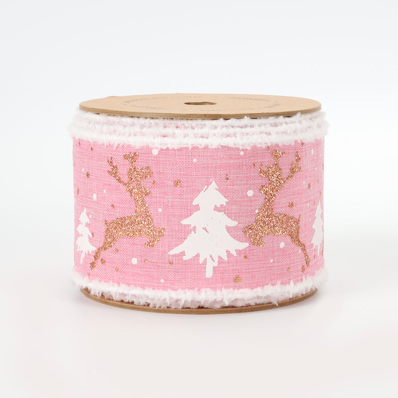 2 1/2" Holiday Wired Ribbon | "Reindeer/Tree" Pink/Natural | 10 Yard Roll