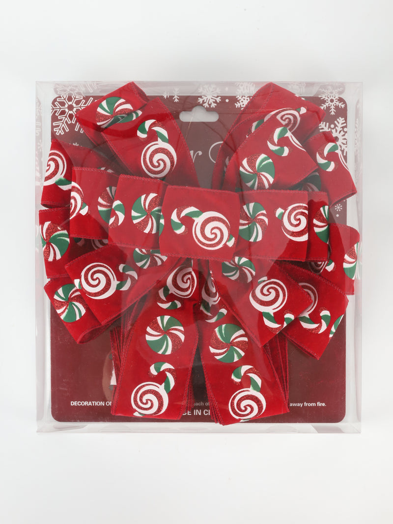 13" Decorative Christmas Tree Topper Bow (2.5" Wired Ribbon) | "Puff Print Candy" Red Flocked