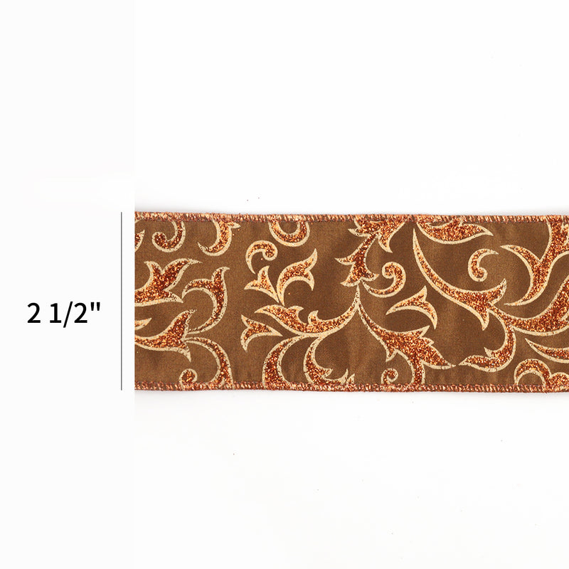 2 1/2" Wired Ribbon | "Glitter Brocade" Brown/Copper | 10 Yard Roll