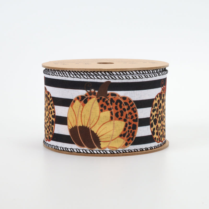 2 1/2" Wired Ribbon | "Pumpkin Sunflower Striped" Black/Multi | 10 Yard Roll