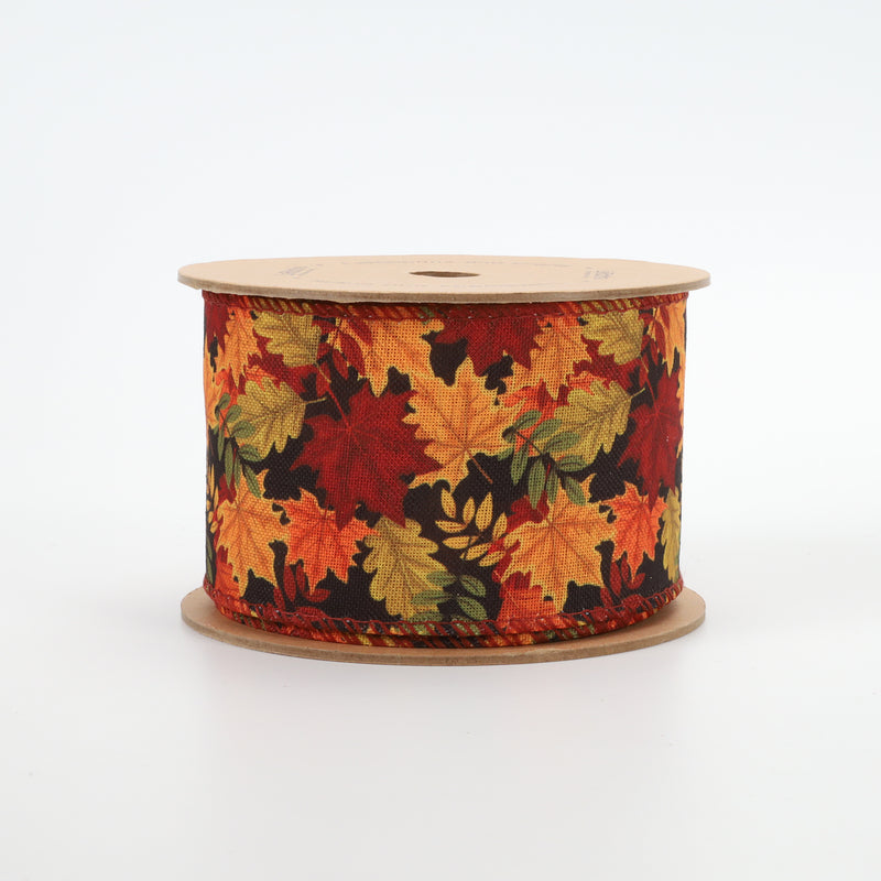2 1/2" Wired Ribbon | "Maple Leaf" Black/Multi | 10 Yard Roll