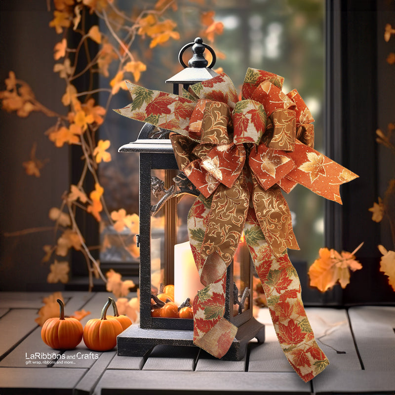 2 1/2" Wired Ribbon | "Glitter Maple Leaf" Natural/Multi | 10 Yard Roll