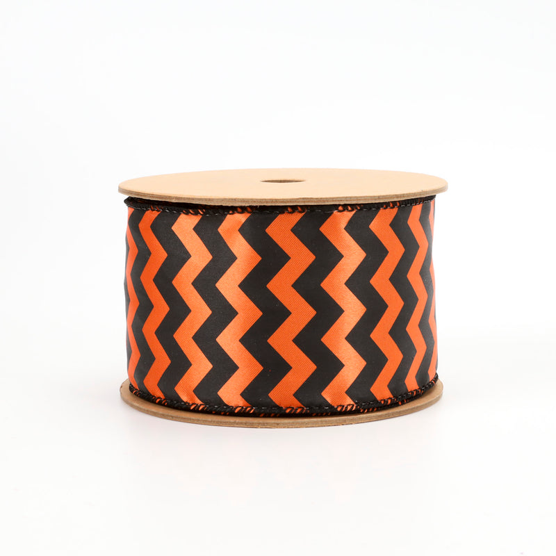 2 1/2" Wired Satin Ribbon | "Chevron" Orange/Black | 10 Yard Roll