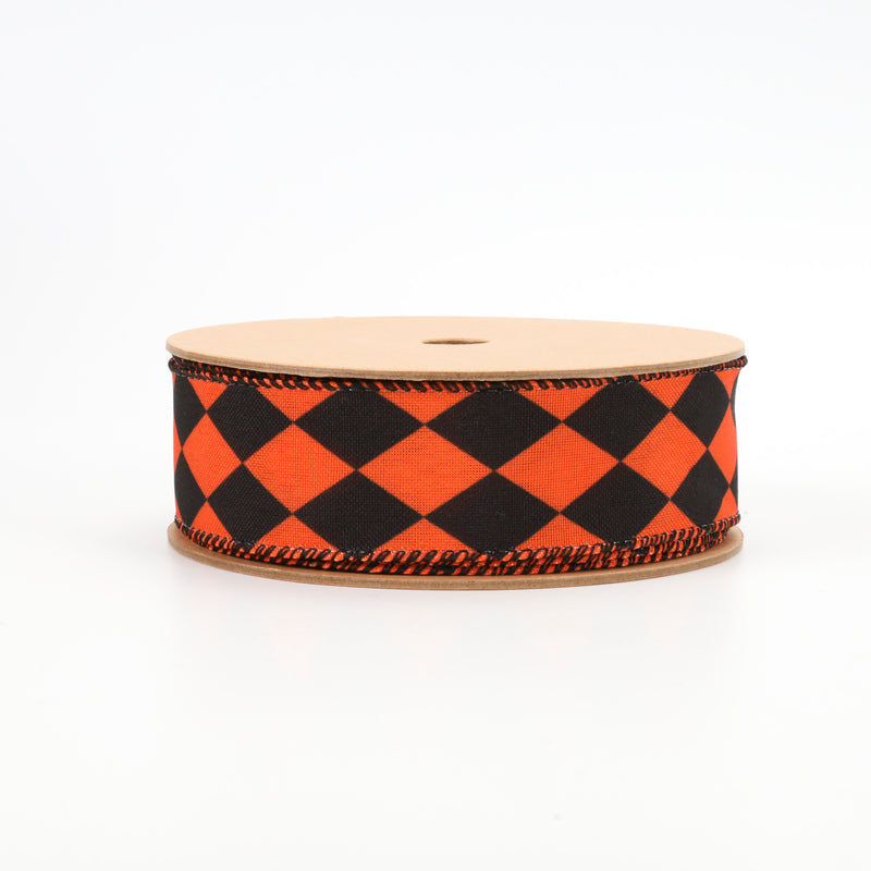 1 1/2" Faux Linen Wired Ribbon | Rhombus Orange/Black | 10 Yard Roll