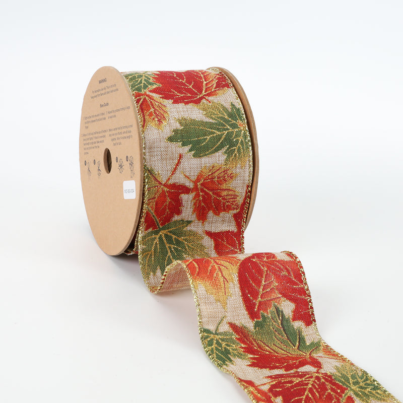 2 1/2" Wired Ribbon | "Glitter Maple Leaf" Natural/Multi | 10 Yard Roll