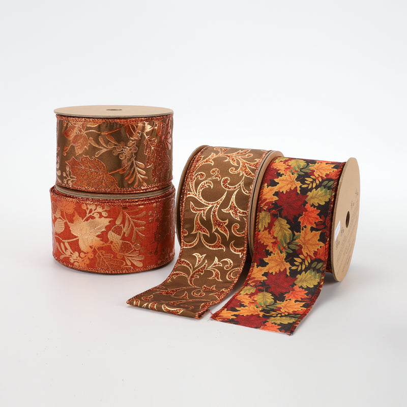 2 1/2" Wired Ribbon | "Maple Leaf" Black/Multi | 10 Yard Roll