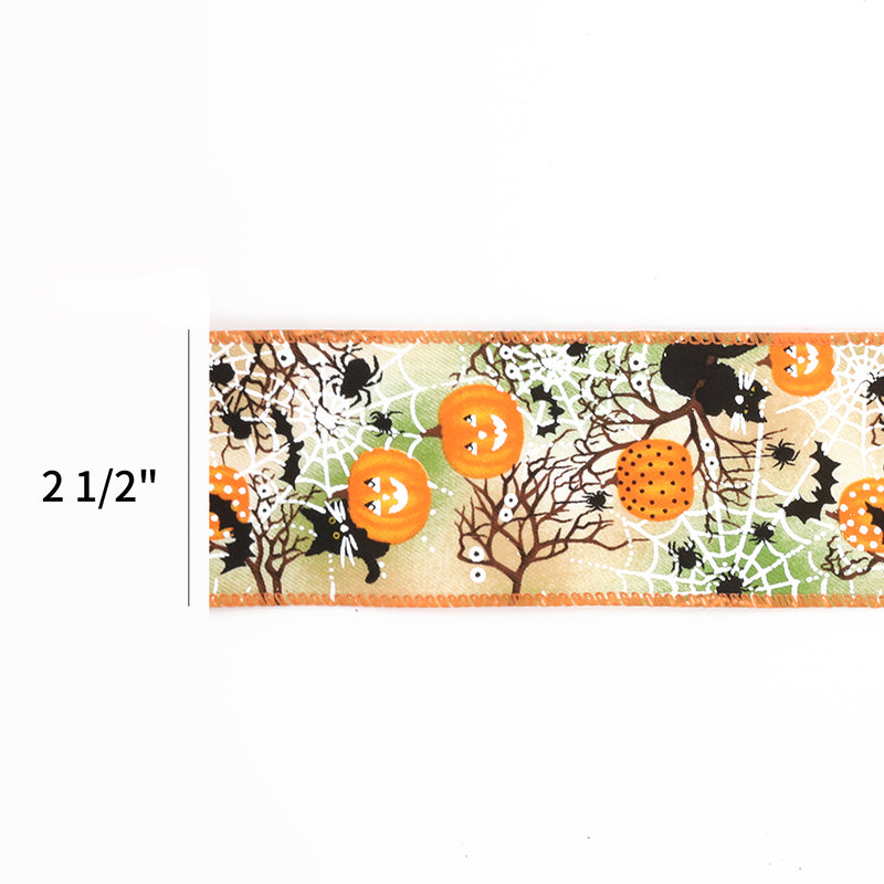 2 1/2" Wired Ribbon | "Pumpkin Spiderweb" Orange/Multi | 10 Yard Roll