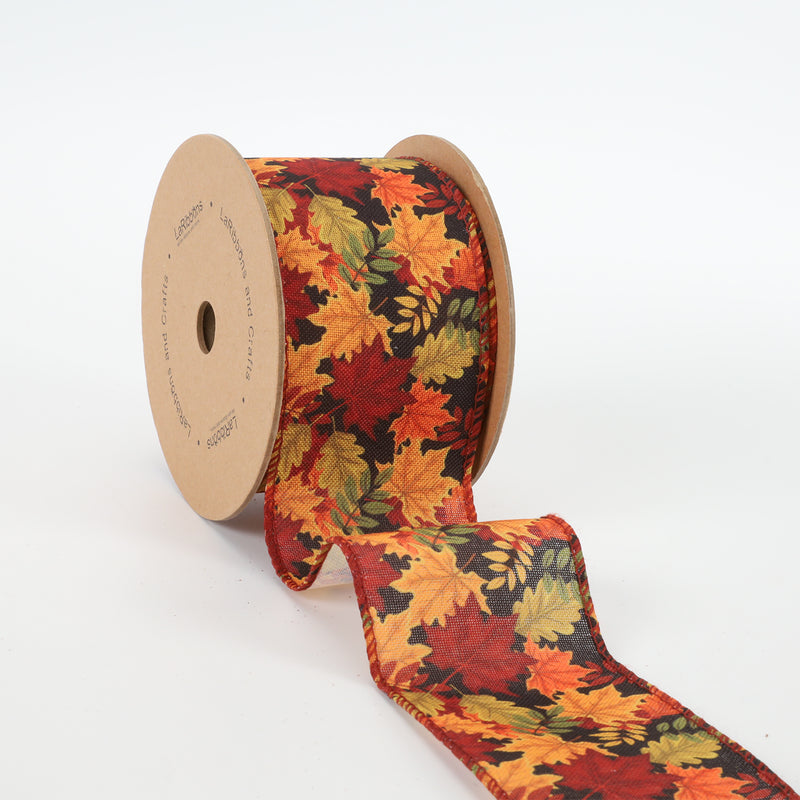 2 1/2" Wired Ribbon | "Maple Leaf" Black/Multi | 10 Yard Roll