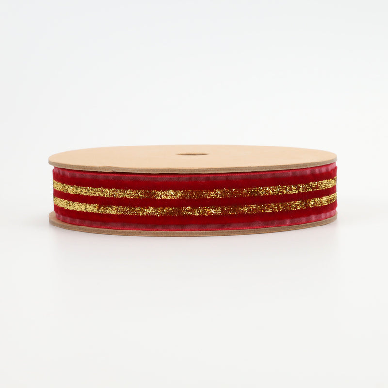 7/8" Striped Metallic Velvet Ribbon | Red/Gold | 10 Yard Roll