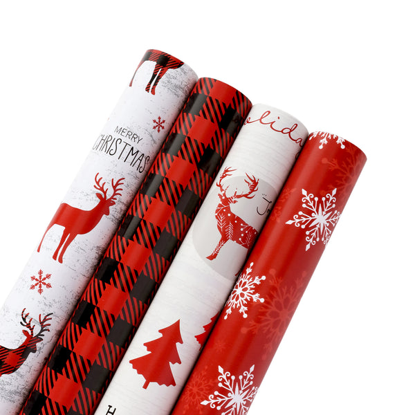 30" x 10' Wrapping Paper Bundle (4-pack) | Buffalo Plaid/Red/White Tree