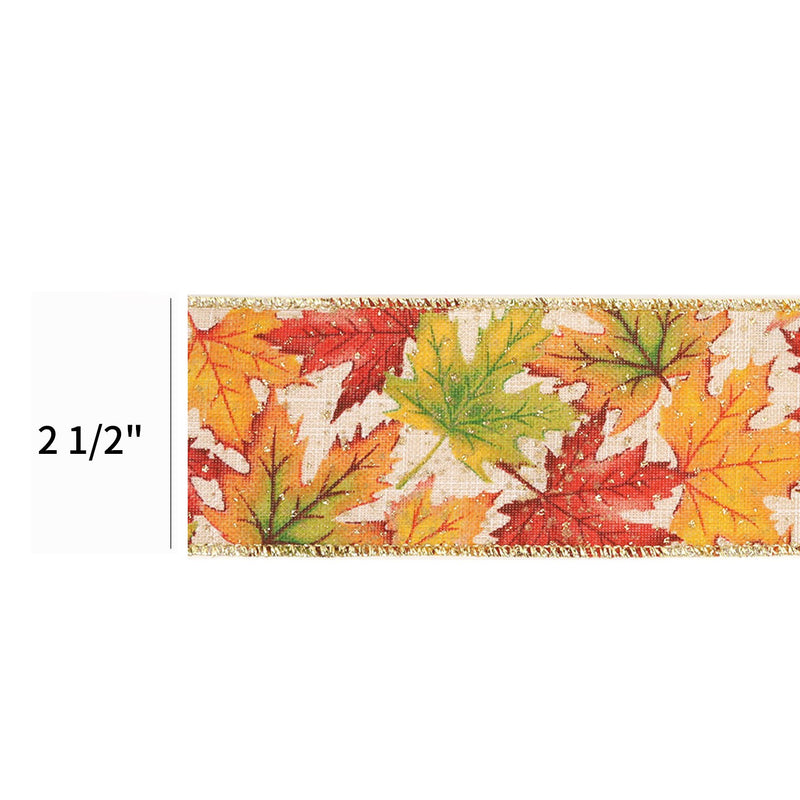 2 1/2" Wired Ribbon | "Glitter Maple Leaf" Natural/Gold Multi | 10 Yard Roll