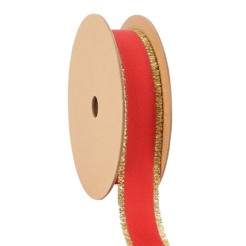 1" Textured Grosgrain Ribbon | Gold Metallic Fringe Red | 25 Yard Roll