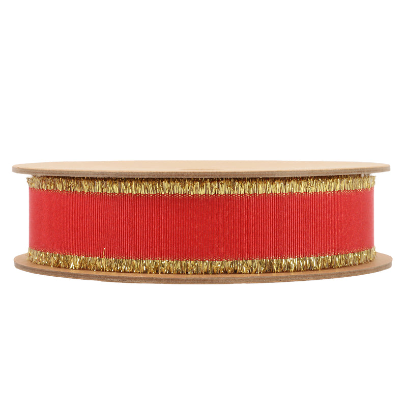 1" Textured Grosgrain Ribbon | Gold Metallic Fringe Red | 25 Yard Roll