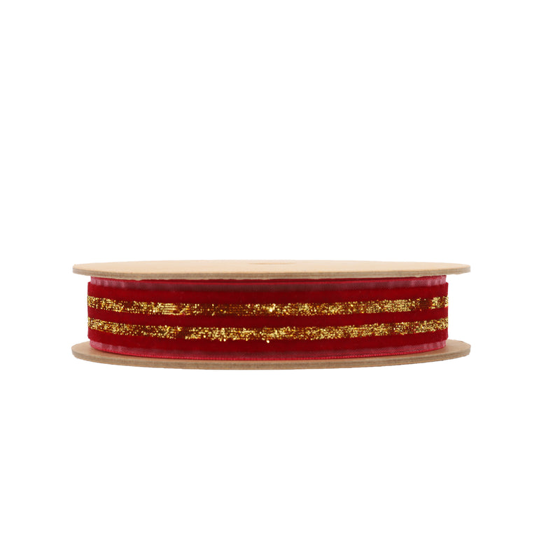 7/8" Striped Metallic Velvet Ribbon | Red/Gold | 10 Yard Roll