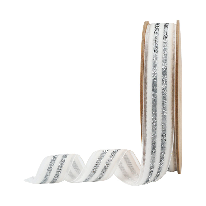 7/8" Striped Metallic Velvet Ribbon | White/Silver | 10 Yard Roll