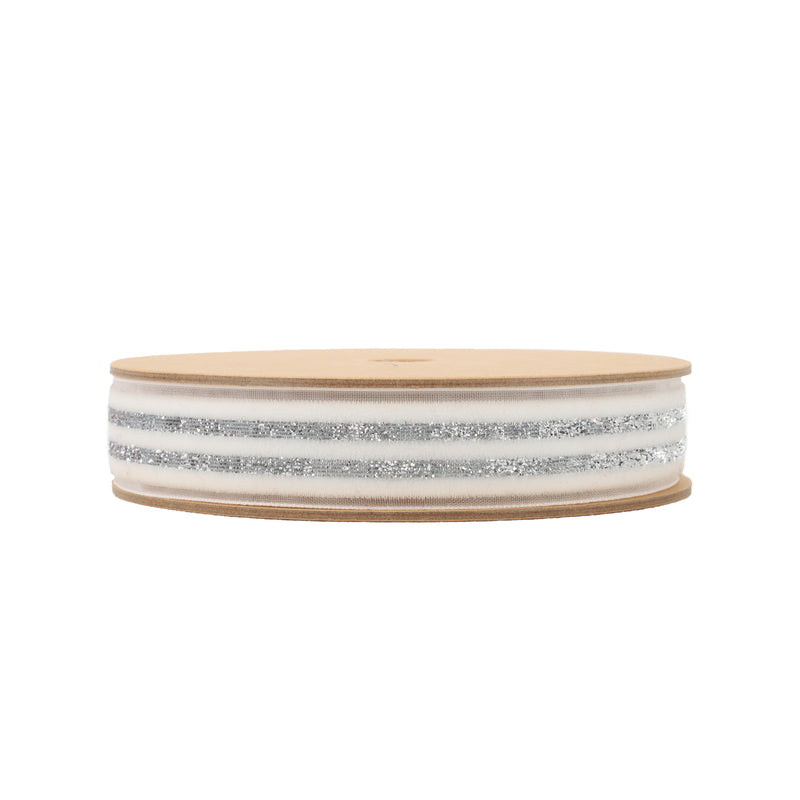 7/8" Striped Metallic Velvet Ribbon | White/Silver | 10 Yard Roll