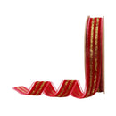 7/8" Striped Metallic Velvet Ribbon | Red/Gold | 10 Yard Roll