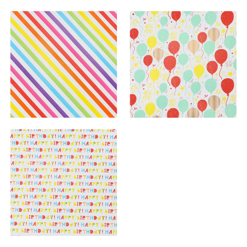 30" x 10' Birthday Wrapping Paper Bundle (3-pack) | Happy Birthday/Balloons/Stripes