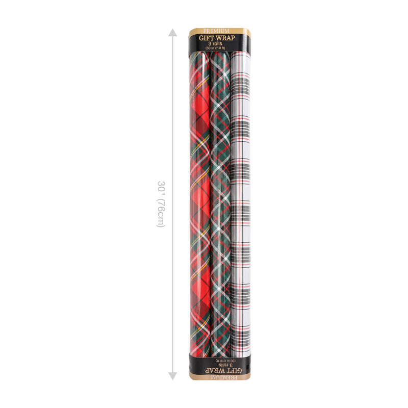 30" x 10' Holiday Wrapping Paper Bundle (3-pack)| Plaid Red/Black
