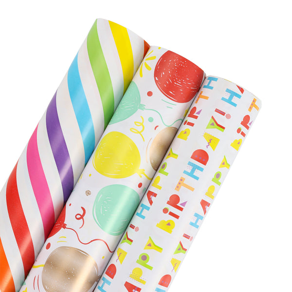 30" x 10' Birthday Wrapping Paper Bundle (3-pack) | Happy Birthday/Balloons/Stripes