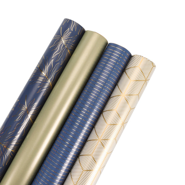 30" x 10' Wrapping Paper Bundle (4-pack) | Gold & Navy Foil