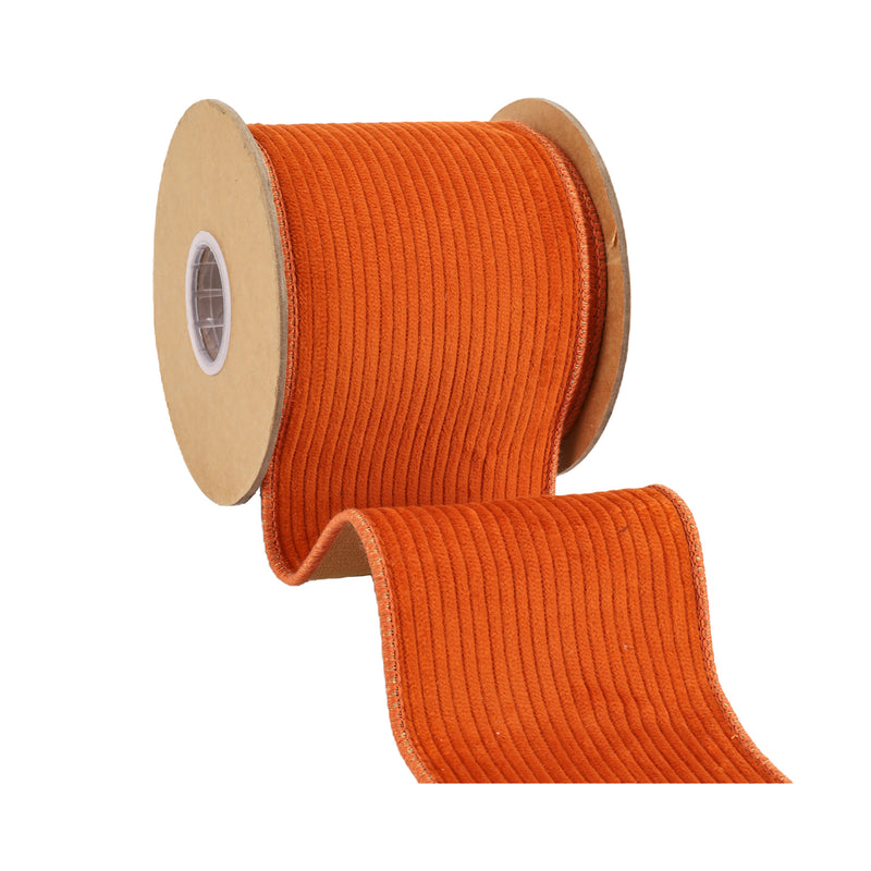 4" Double-Fused Wired Corduroy Ribbon w/ Tissue Back | Orange/Orange Metallic | 5 Yard Roll