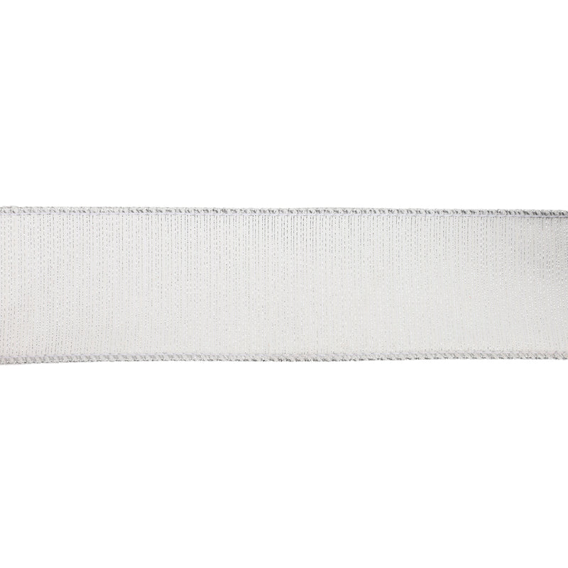 2 1/2" Wired Dupioni Ribbon w/ Metallic Stripe | White/Silver | 10 Yard Roll