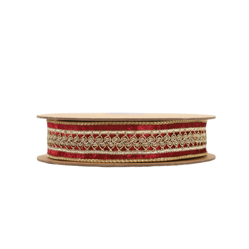 1 1/2" Double-Fused Wired Premium Velvet Ribbon w/ Metallic Trim | Burgundy/Gold | 10 Yard Roll