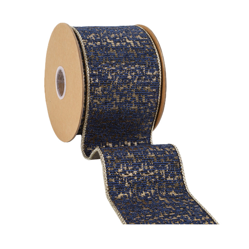 4" Double-Fused Wired Jacquard Ribbon | Blue/Gold Metallic | 10 Yard Roll