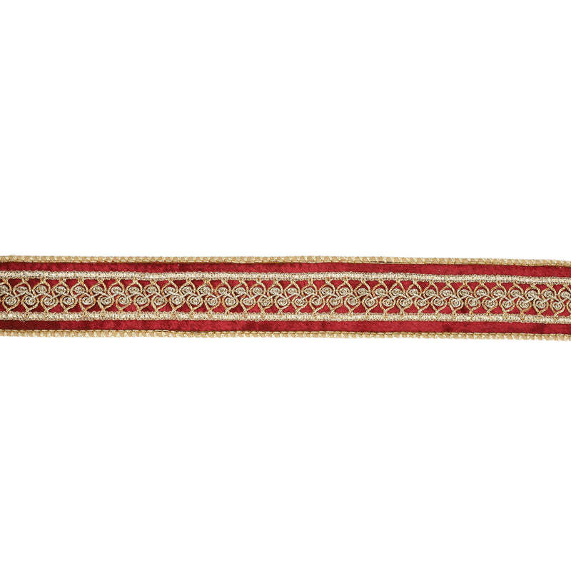 1 1/2" Double-Fused Wired Premium Velvet Ribbon w/ Metallic Trim | Burgundy/Gold | 10 Yard Roll