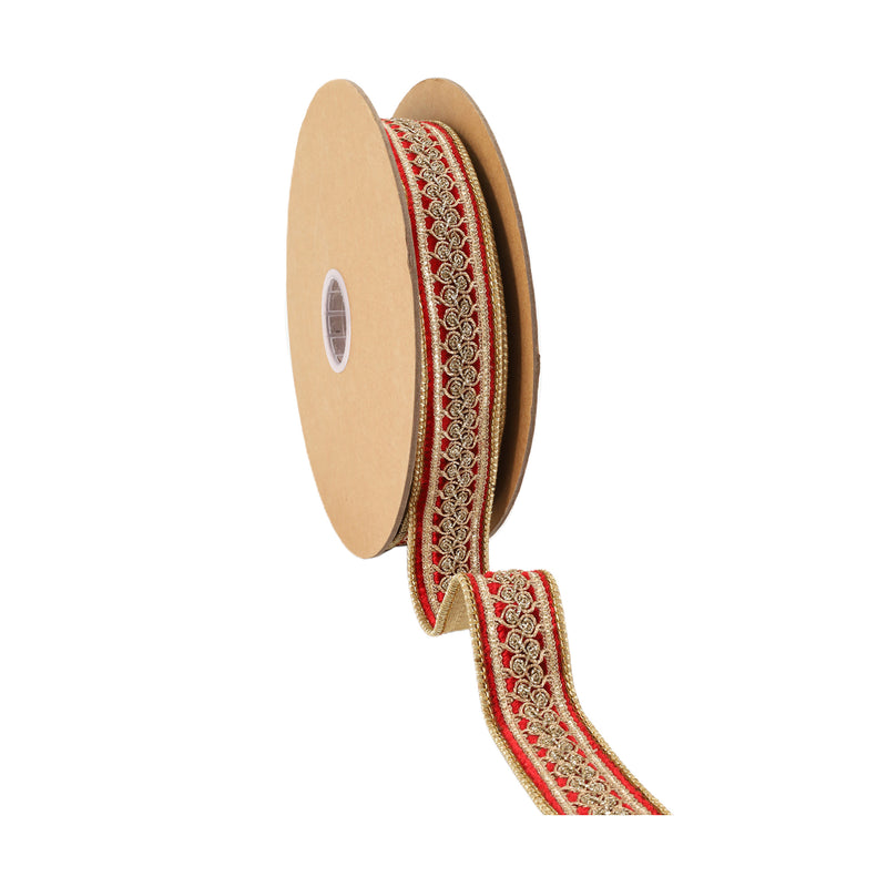 1 1/2" Double-Fused Wired Velvet Ribbon w/ Metallic Trim | Red/Gold | 10 Yard Roll