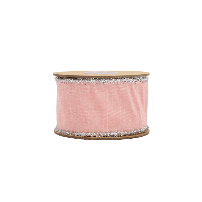 2 1/2" Wired Dupioni Ribbon w / Lurex Trim | Pink/Silver | 10 Yard Roll
