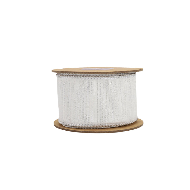 2 1/2" Wired Dupioni Ribbon w/ Metallic Stripe | White/Silver | 10 Yard Roll